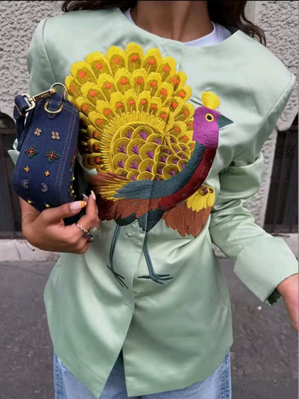 Chic Peacock Embroidery Women's Coat Slim Long Sleeve O-Neck Short Lady Coats